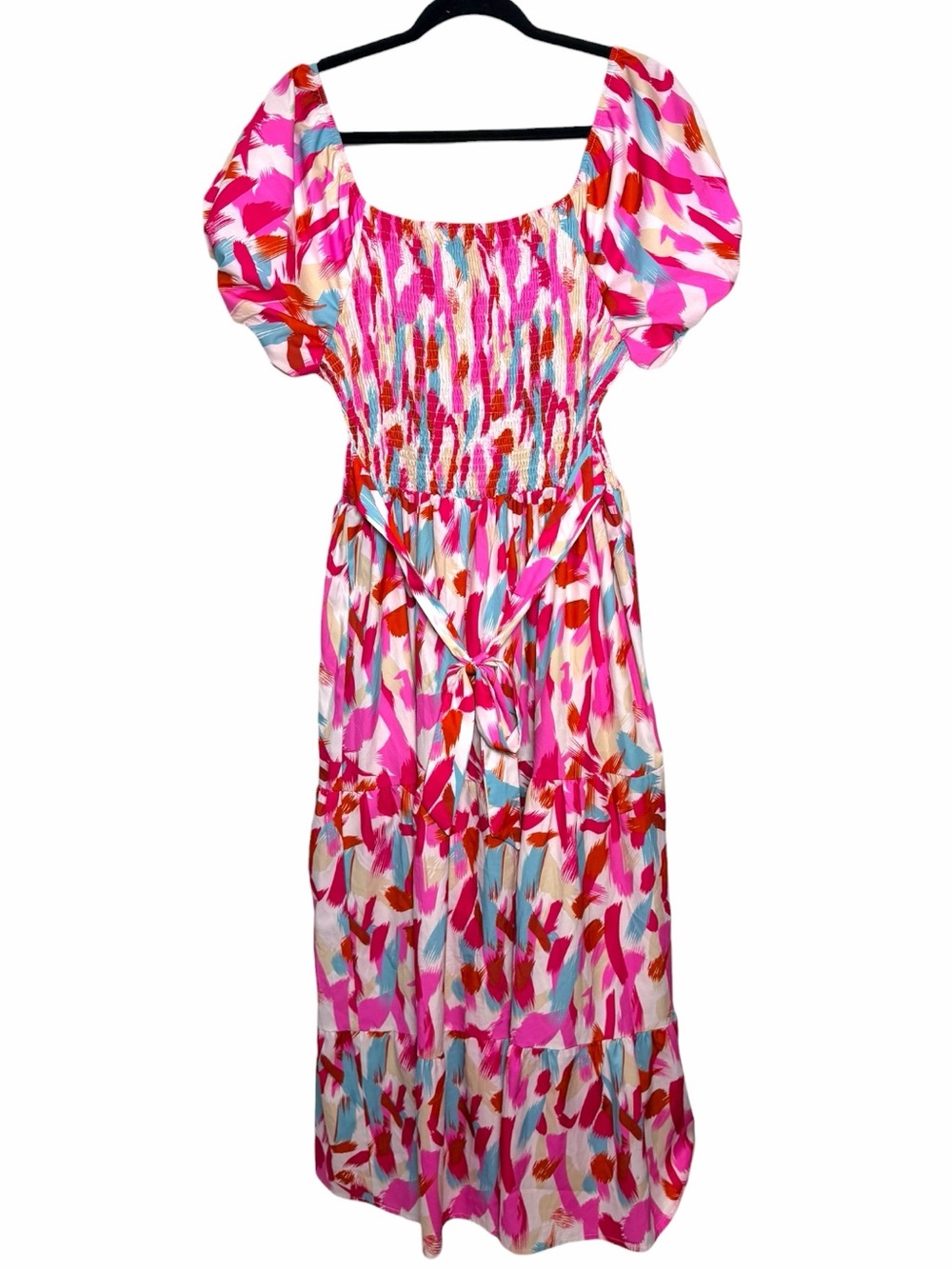 Abstract Brushstroke Smocked Puff Sleeve Tiered Maxi Dress XL Resort - Picture 3 of 9